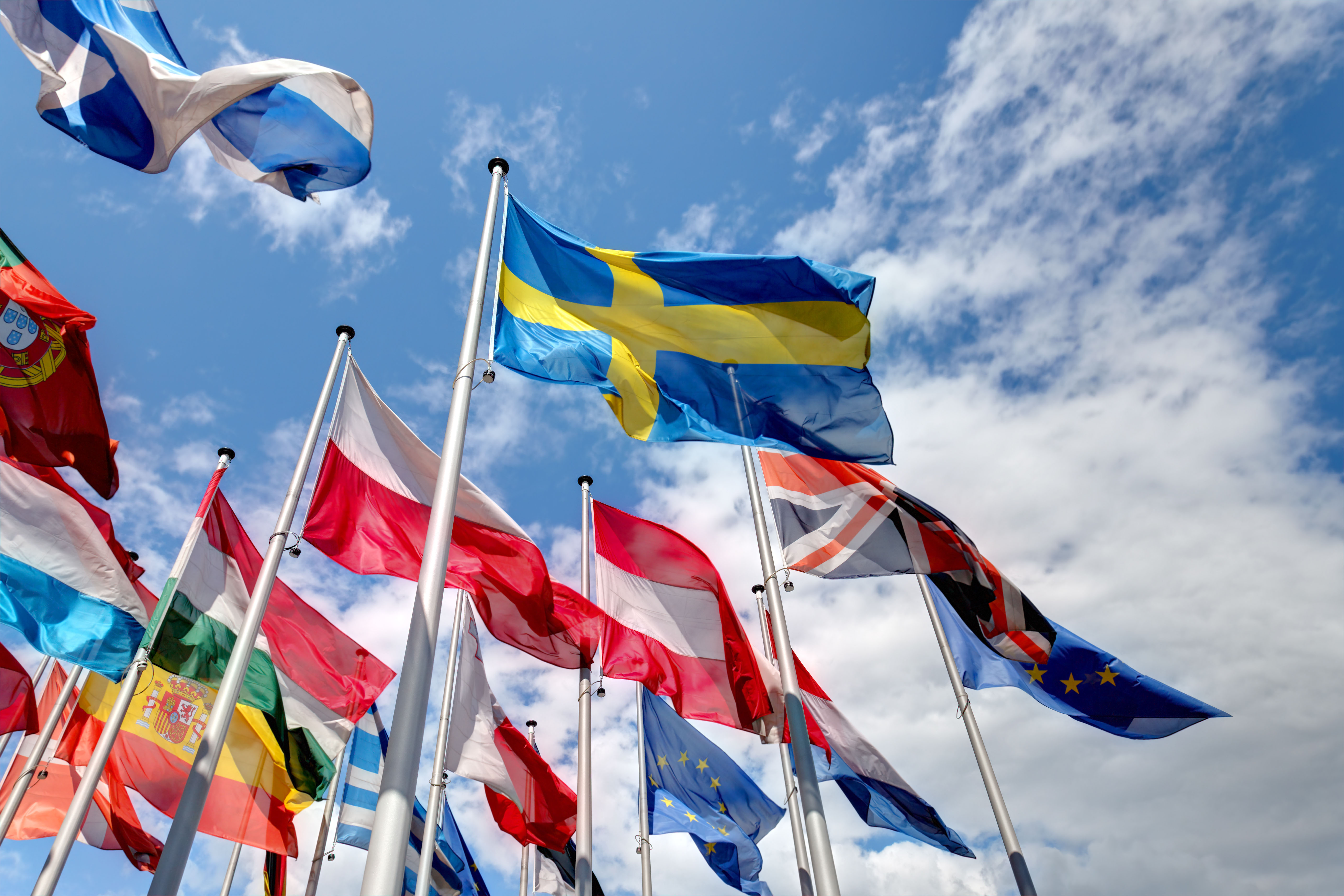 International flags against a blue sky with white clouds